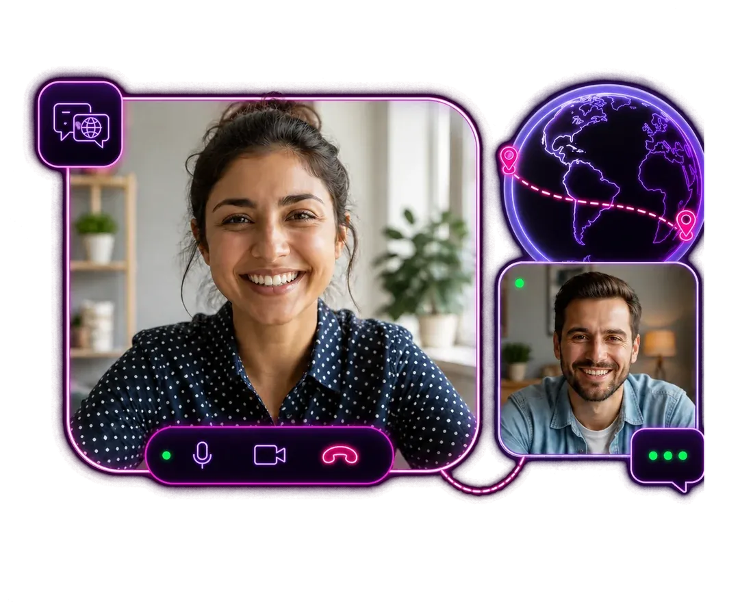 Adults in connected Spichat video panels with a globe showing worldwide conversation