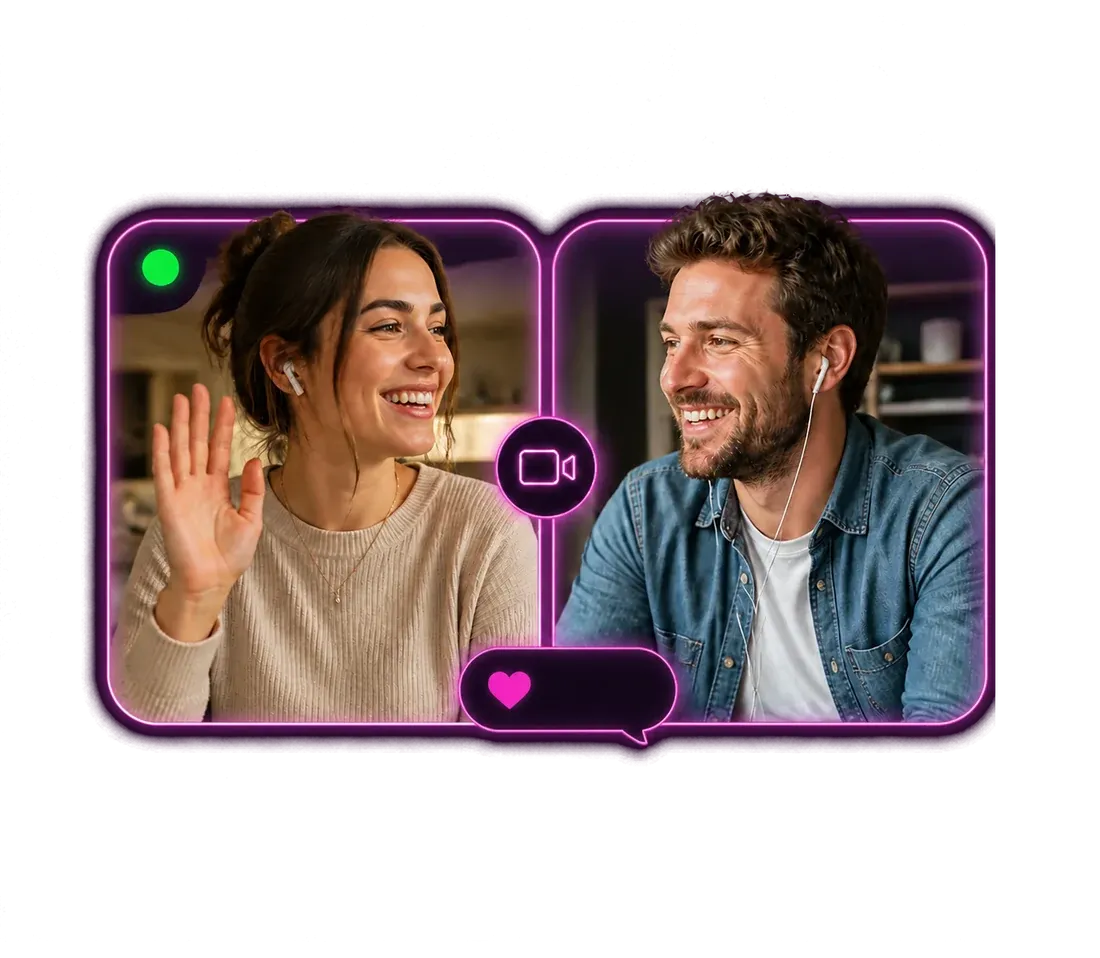 Two adults smiling during a friendly one-to-one Spichat video call
